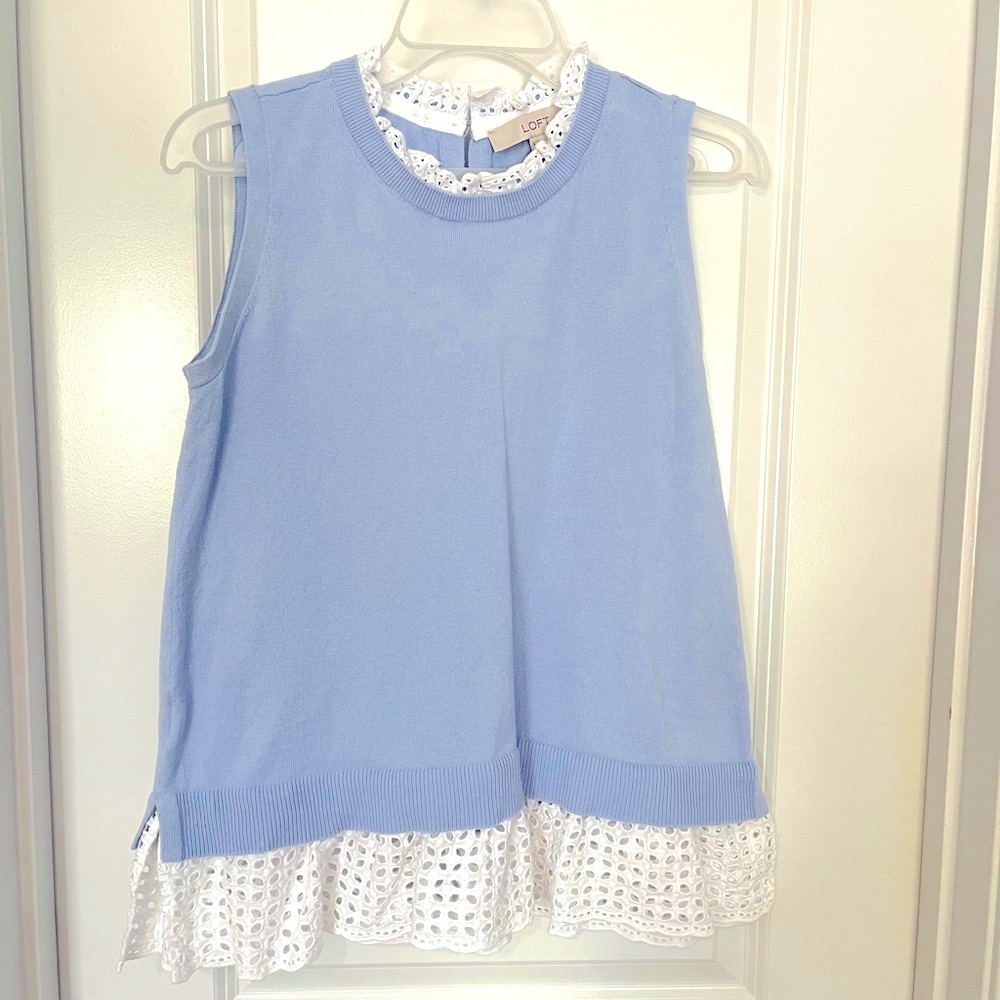 Loft periwinkle tank top with white eyelet bottom and neckline. Size S